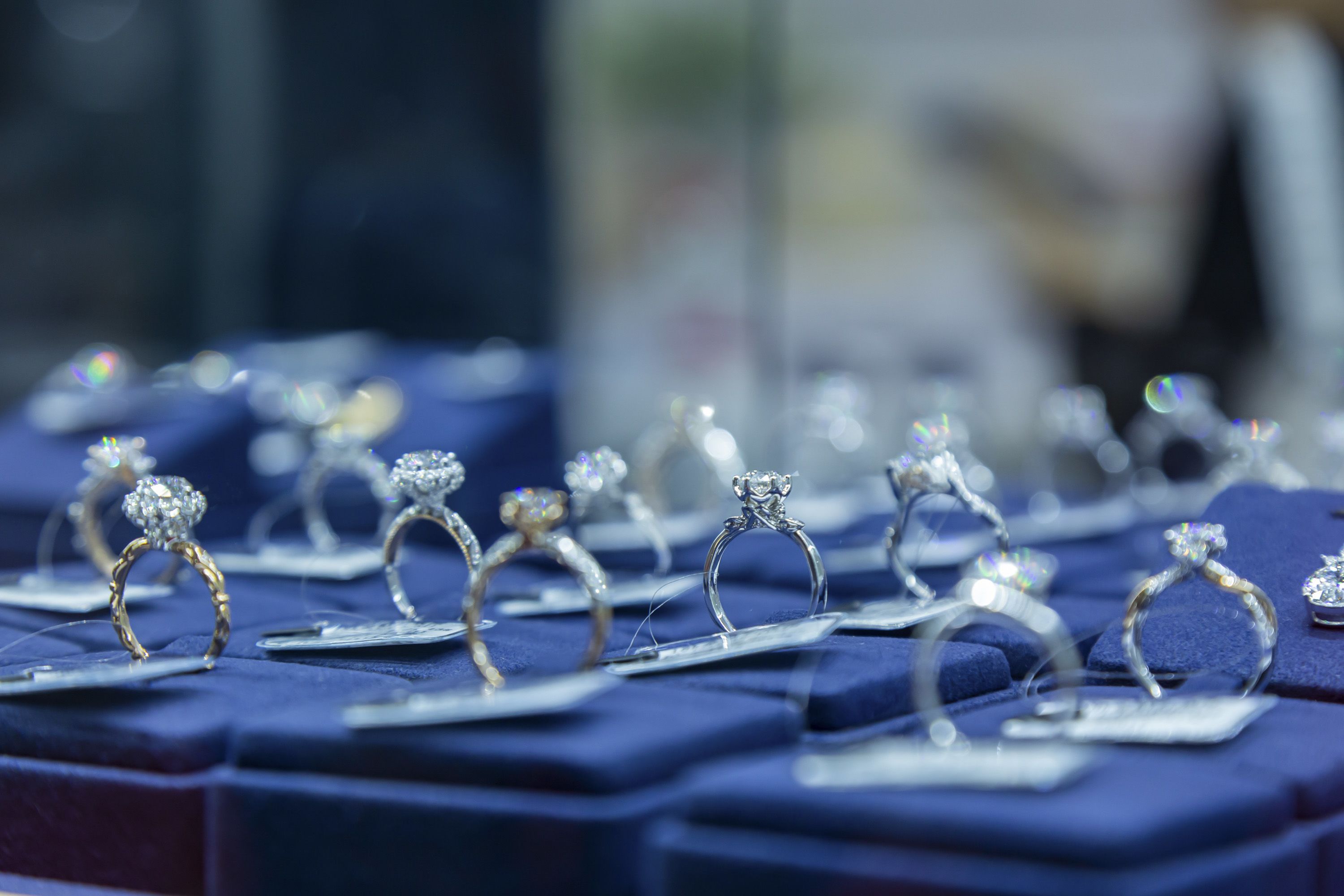 ZHENGZHOU, CHINA - SEPTEMBER 20 2023: A view of diamond rings for sale at a trade fair for synthetic diamonds in Zhengzhou in central China's Henan province. Henan produces approximately 12 billion carats of industrial synthetic diamonds each year. (Photo credit should read ZUO DONGCHEN / Feature China/Future Publishing via Getty Images)