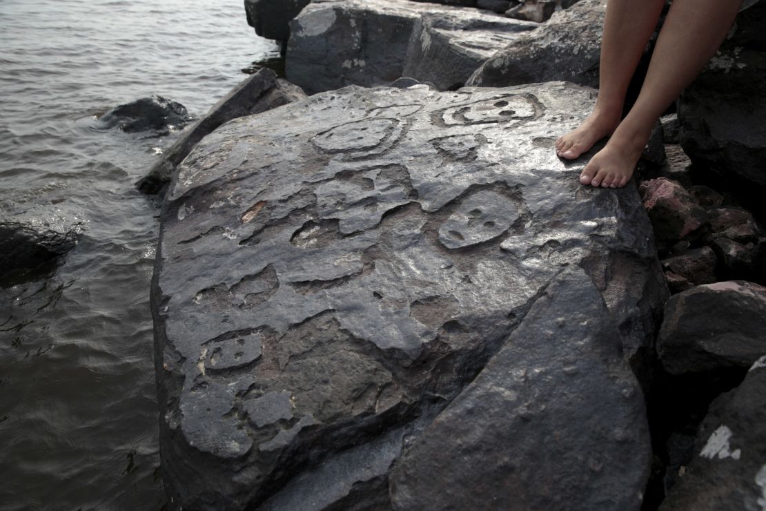 A view of ancient stone carvings on a rocky point of the Amazon river that were exposed after water levels dropped to record lows during a drought in Manaus, Amazonas state, Brazil October 23, 2023. REUTERS/Suamy Beydoun