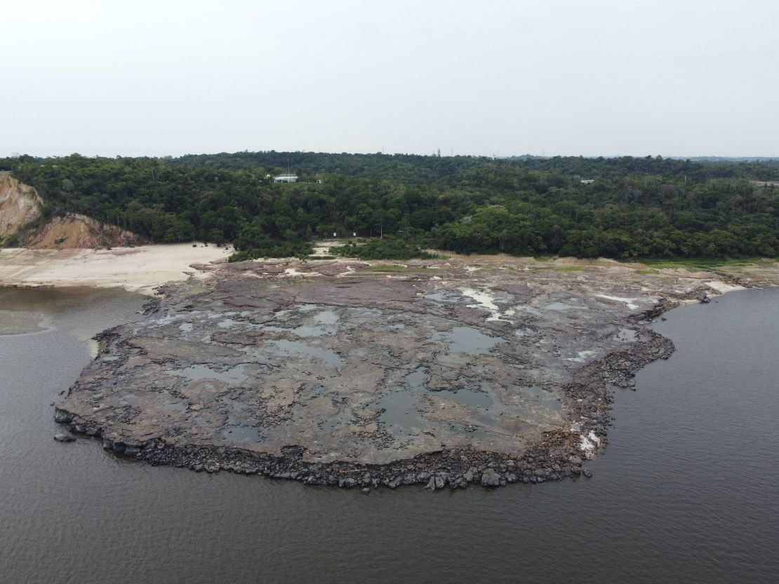 A view of the area where ancient stone carvings on a rocky point of the Amazon river have been exposed after water levels dropped to record lows during drought in Manaus, Amazonas state, Brazil October 23, 2023. REUTERS/Suamy Beydoun