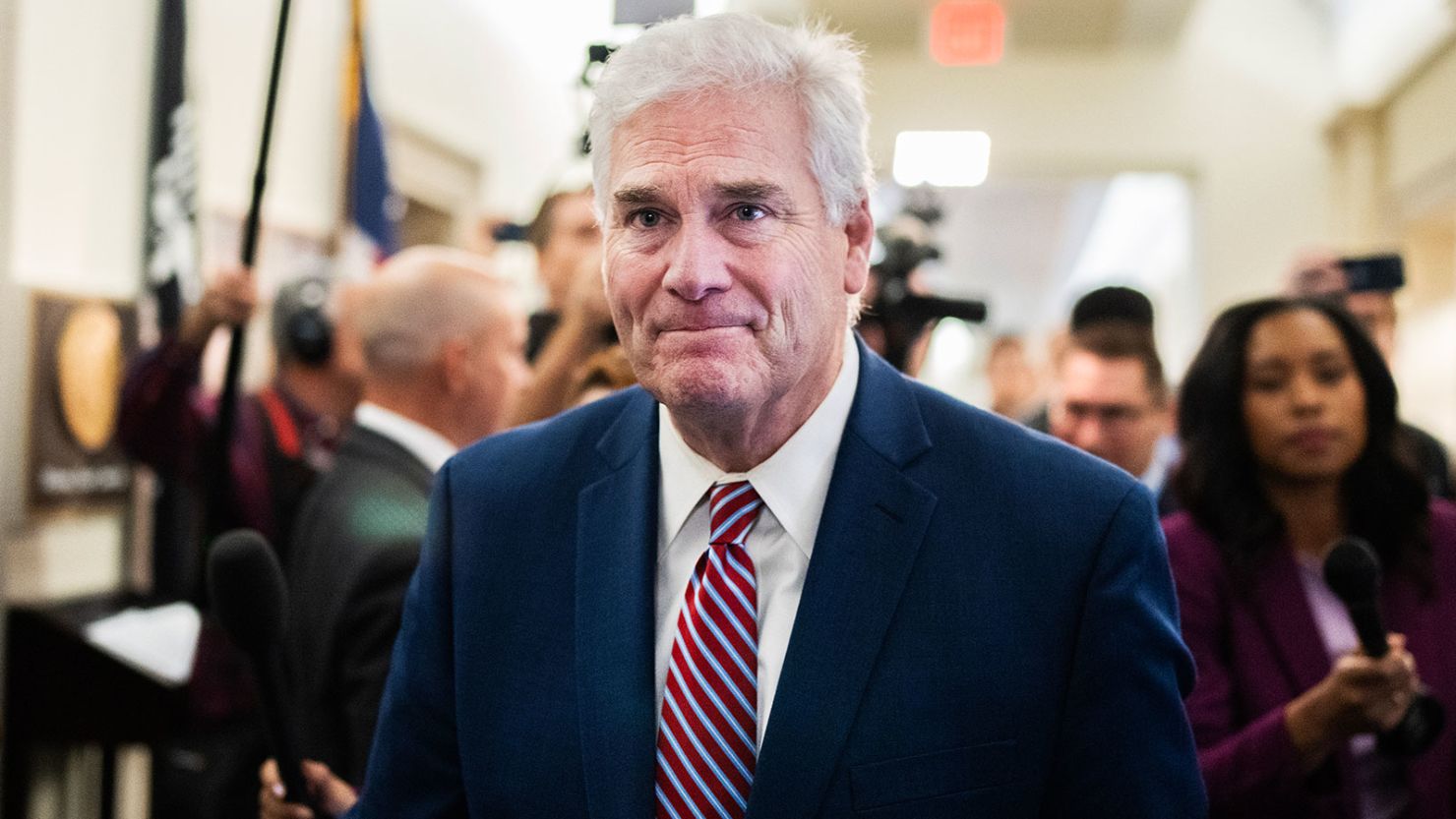 House Majority Whip Tom Emmer is seen outside a House Republican Conference speaker election meeting in Longworth Building on Tuesday, October 24, 2023.