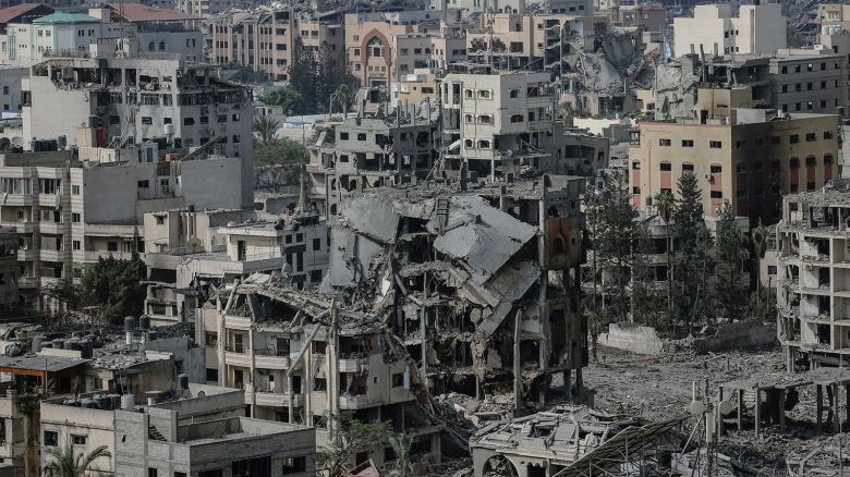 A view of buildings reduced to rubble and ruins by Israeli airstrikes are seen in Gaza on October 23, 2023.