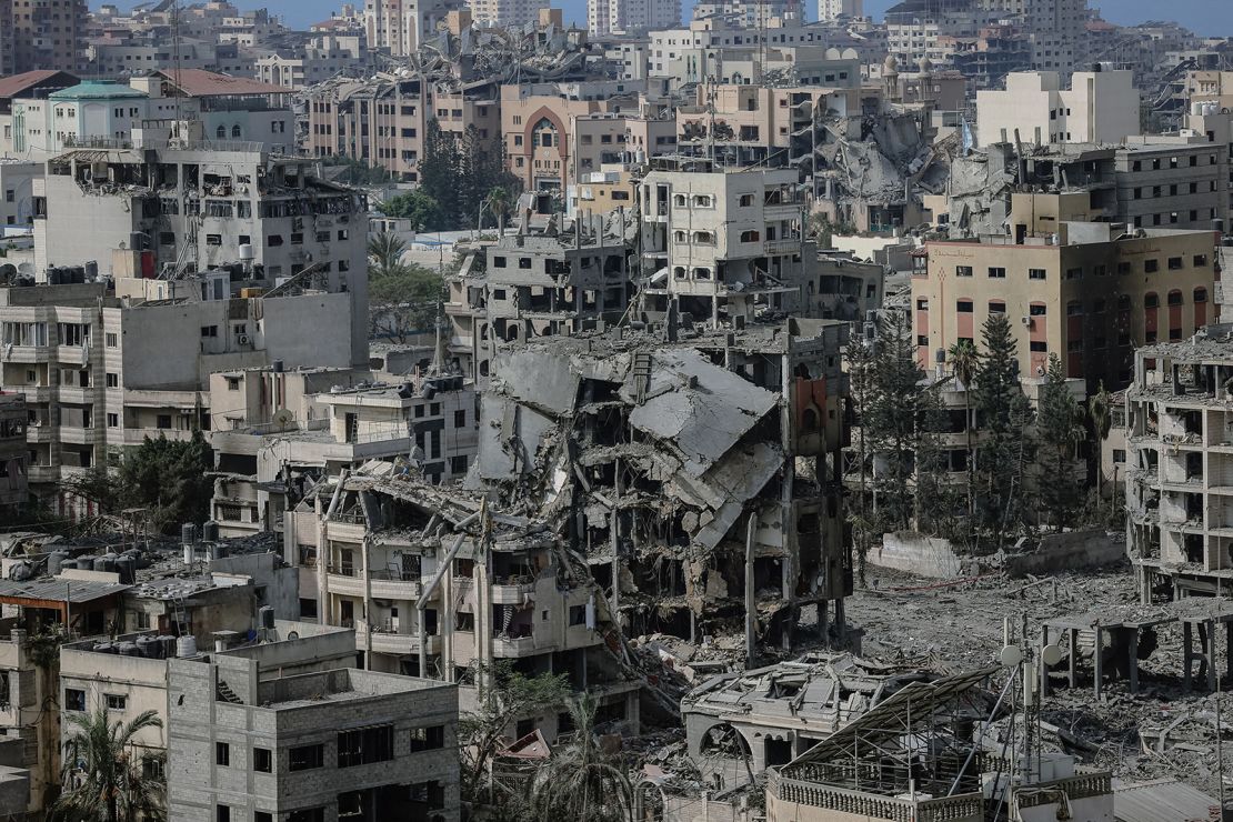 Bbuildings reduced to rubble and ruins by Israeli airstrikes are seen in Gaza on October 23, 2023.