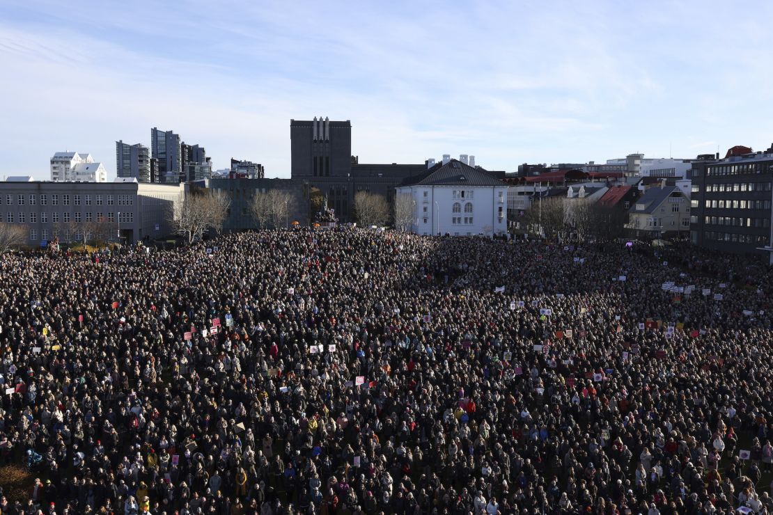 Thousands of women protest in Reykjavik, in Iceland, on Tuesday, as part of a nationwide strike to end to unequal pay and gender-based violence.