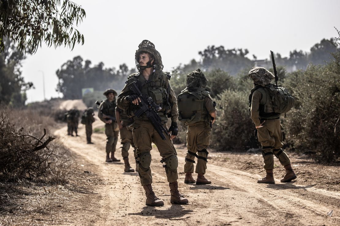 NIR OZ, ISRAEL - OCTOBER 24: Israeli soldiers patrol near the Gaza border as the clash between Israeli army and Palestinian factions continues in Nir Oz, Israel on October 24, 2023. (Photo by Mostafa Alkharouf/Anadolu via Getty Images)