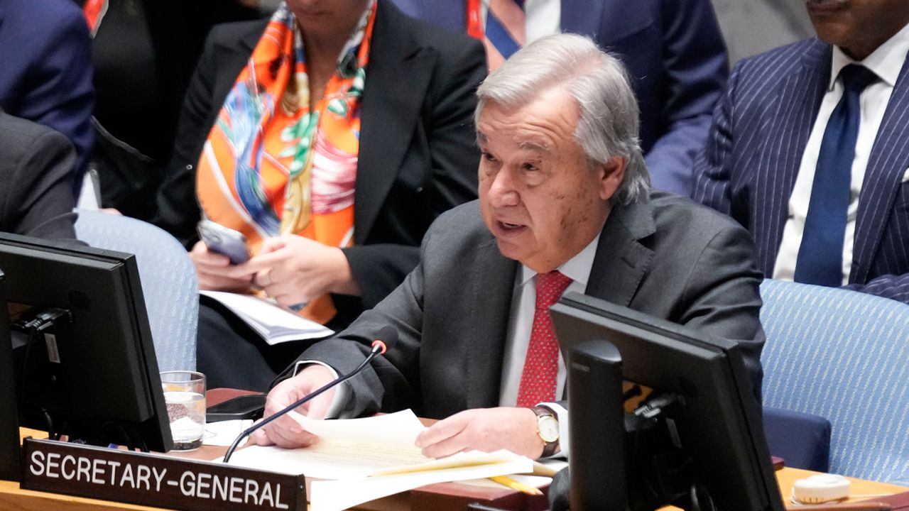 United Nations Secretary-General Antonio Guterres speaks during a Security Council meeting at United Nations headquarters, Tuesday, October 24, 2023. 
