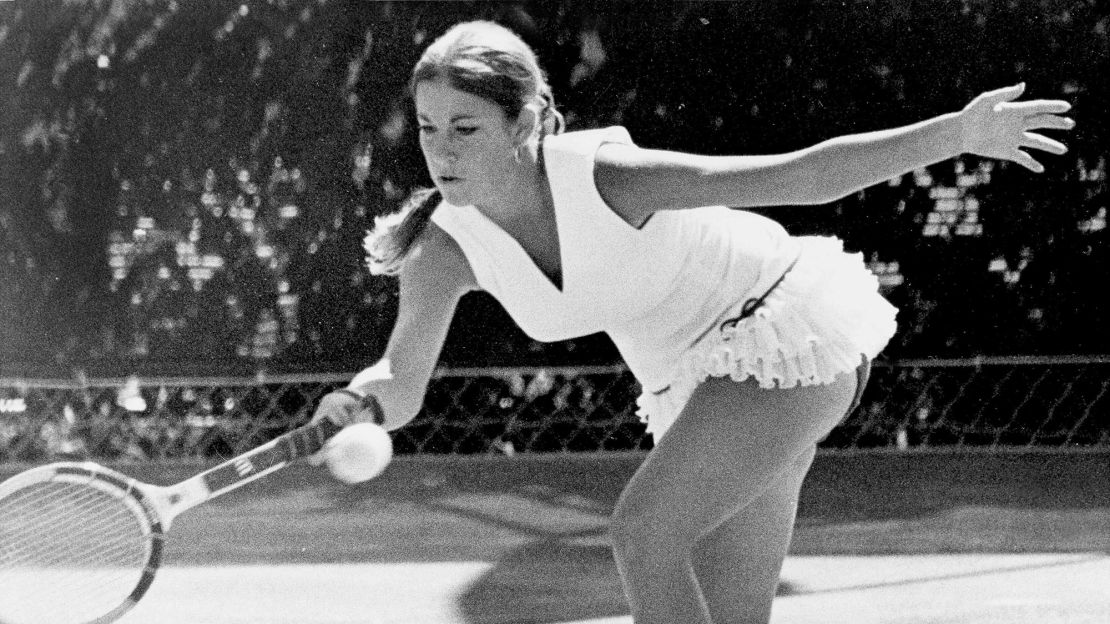 Seventeen-year-old Chris Evert shows off her graceful forehand return in the first set of play at Boca Raton, Fla., during the semi-final match with tennis queen Billie Jean King, Oct. 14, 1972. Evert outlasted King the the 90-degree heat 6-4, 6-2, and will meet Australia's Kerry Melville Sunday in the finals of the $100,000 Virginia Slims Championships here in Boca Raton Hotel and Country Club. (AP Photo/Mark Foley)
