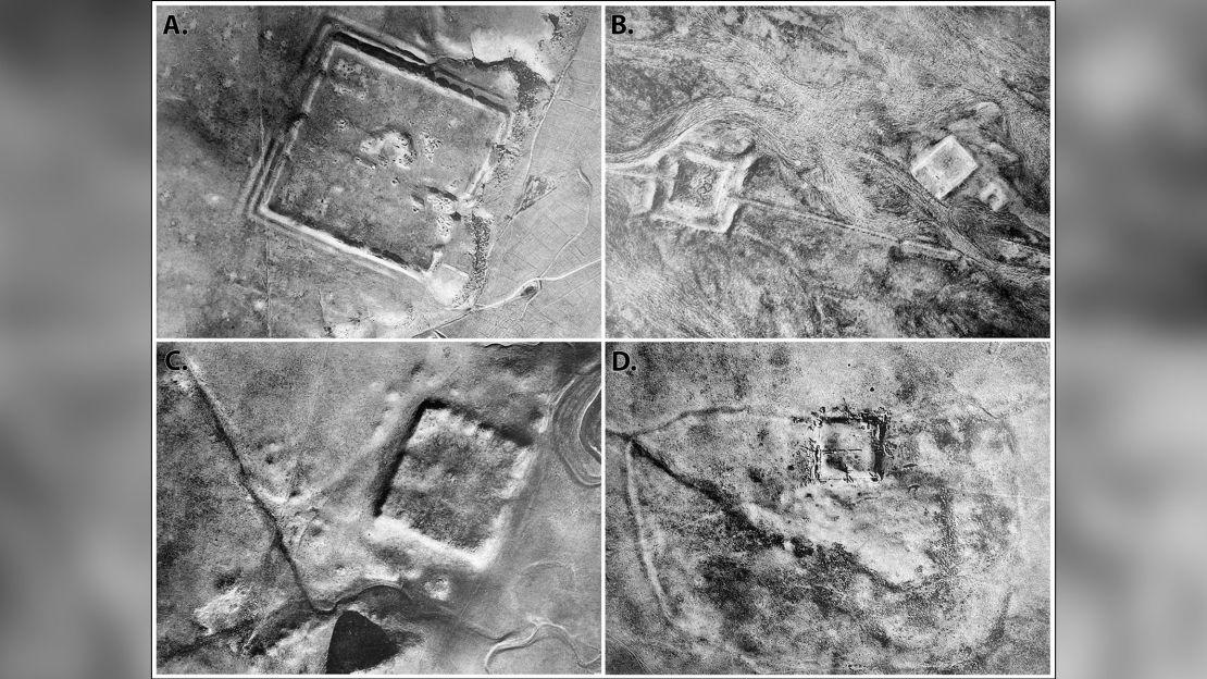 A sample of Father Antoine Poidebard's 1934 aerial photographs, clockwise from top left: Fort at Qreiye, Roman fort and medievalcaravanserai at Birke, fort at Tell Zenbil and castellum at Tell Brak.