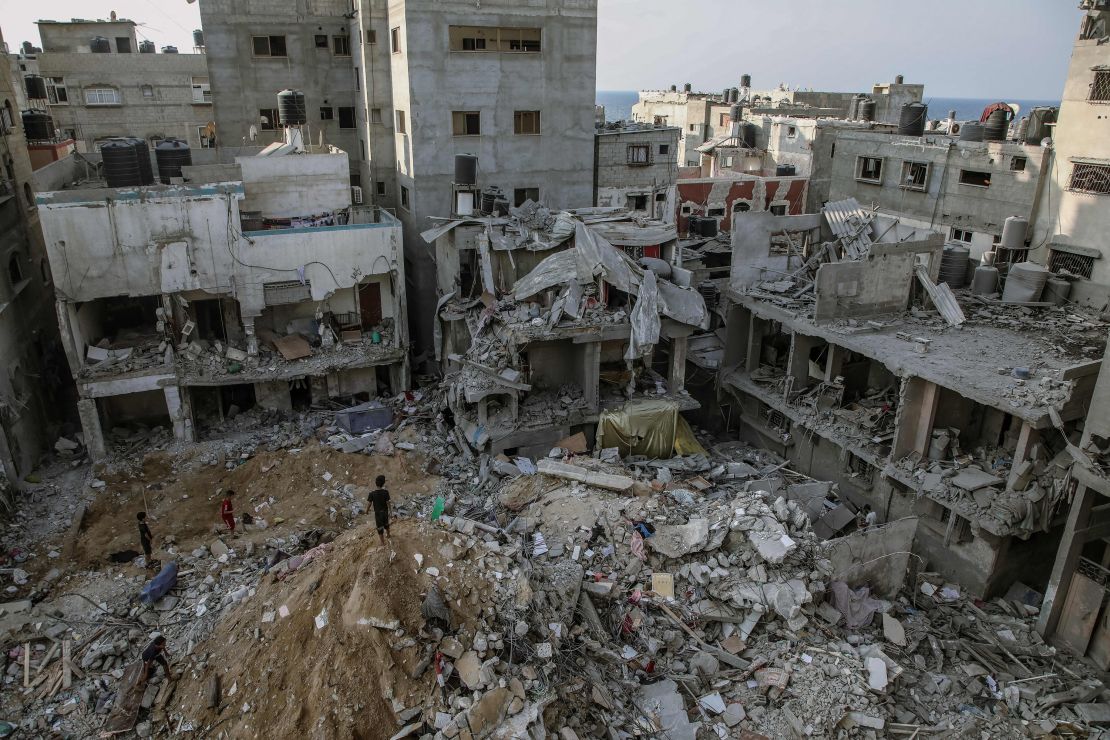 10/25/2023 Gaza, Palestine. A view of the rubbles and ruins of the buildings that were demolished by the Israeli airstrikes in Gaza. (Photo by Youssef Alzanoun / Middle East Images / Middle East Images via AFP) (Photo by YOUSSEF ALZANOUN/Middle East Images/AFP via Getty Images)
