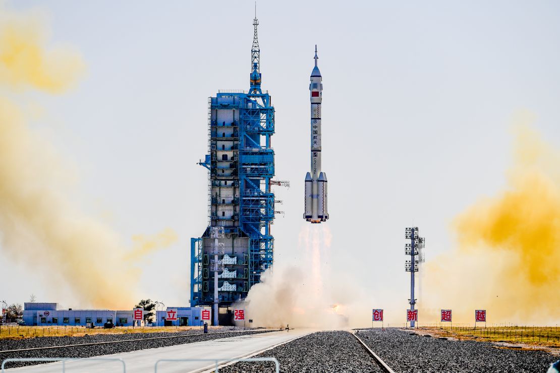 ALXA, CHINA - OCTOBER 26: A Long March-2F carrier rocket carrying Shenzhou-17 spaceship with three astronauts aboard blasts off from the Jiuquan Satellite Launch Center on October 26, 2023 in Alxa League, Inner Mongolia Autonomous Region of China. (Photo by VCG/VCG via Getty Images)