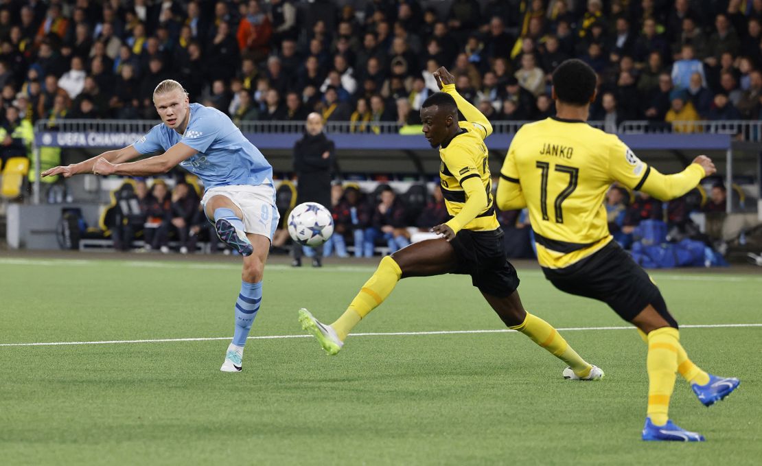 Soccer Football - Champions League - Group G - BSC Young Boys v Manchester City - Stadion Wankdorf, Bern, Switzerland - October 25, 2023 Manchester City's Erling Braut Haaland scores their third goal REUTERS/Stefan Wermuth