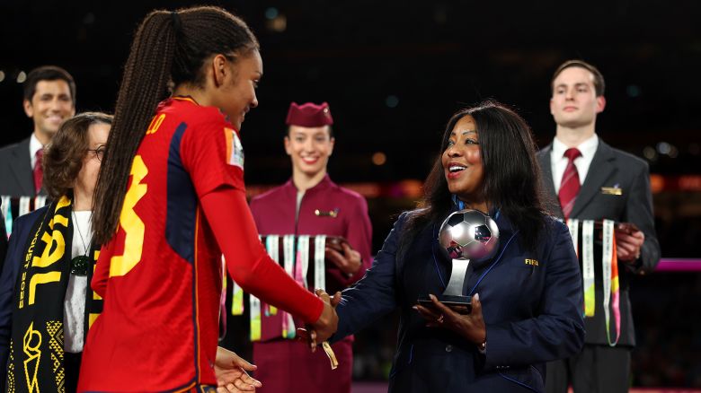 SYDNEY, AUSTRALIA - AUGUST 20: FIFA Secretary General Fatma Samoura shakes hands with Salma Paralluelo of Spain duirng the award ceremony following the FIFA Women's World Cup Australia & New Zealand 2023 Final match between Spain and England at Stadium Australia on August 20, 2023 in Sydney / Gadigal, Australia. (Photo by Alex Pantling - FIFA/FIFA via Getty Images)