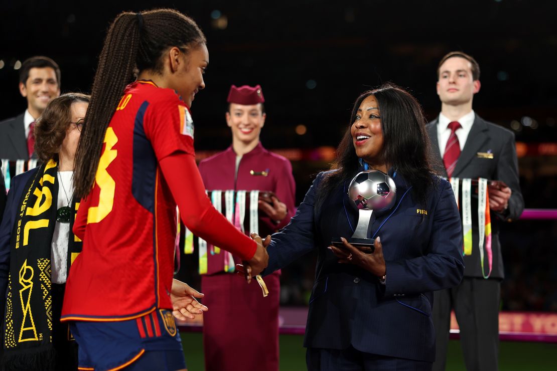 SYDNEY, AUSTRALIA - AUGUST 20: FIFA Secretary General Fatma Samoura shakes hands with Salma Paralluelo of Spain duirng the award ceremony following the FIFA Women's World Cup Australia & New Zealand 2023 Final match between Spain and England at Stadium Australia on August 20, 2023 in Sydney / Gadigal, Australia. (Photo by Alex Pantling - FIFA/FIFA via Getty Images)