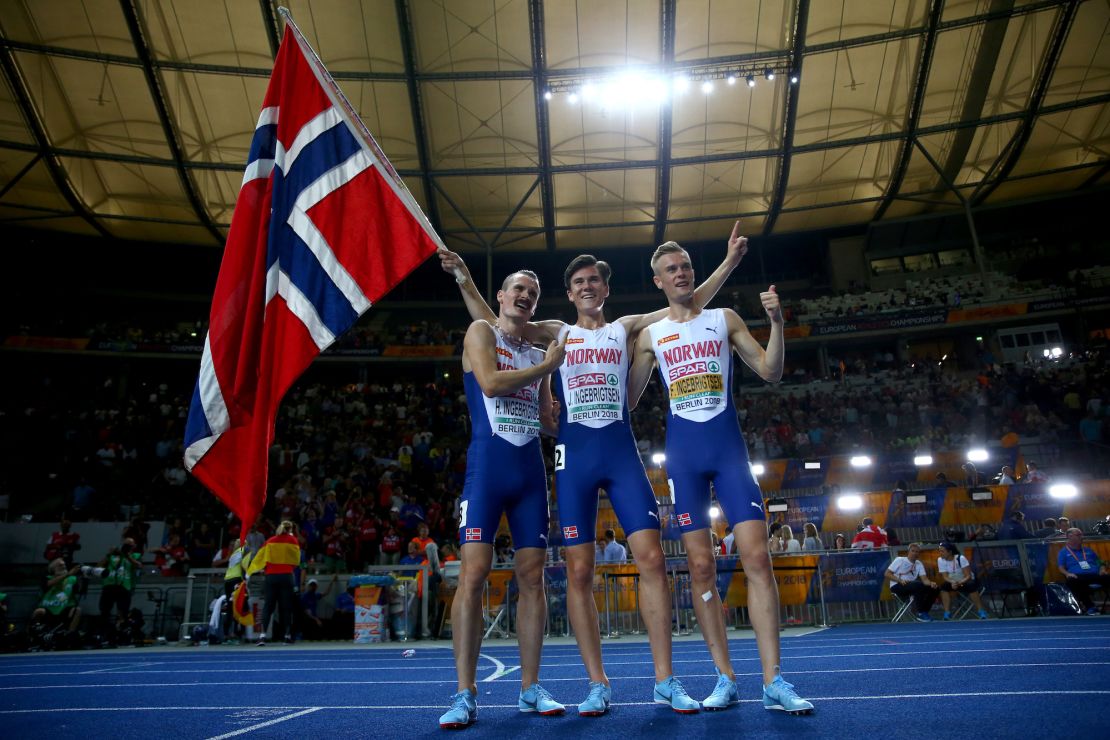 BERLIN, GERMANY - AUGUST 10: Henrik Ingebrigsten of Norway, Jakob Ingebrigtsen of Norway, and Filip Ingebrigsten of Norway celebrate as Jakob Ingebrigtsen of Norway wins Gold in the Men's 1500m Final during day four of the 24th European Athletics Championships at Olympiastadion on August 10, 2018 in Berlin, Germany. This event forms part of the first multi-sport European Championships. (Photo by Michael Steele/Getty Images)