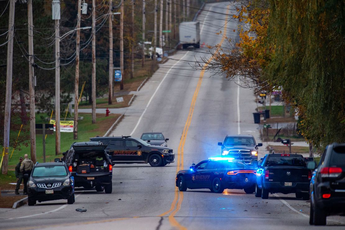 Police presence at Schemengees Bar where a mass shooting occurred yesterday in Lewiston, Maine on October 26, 2023. A massive manhunt was under way on October 26 for a gunman who a local official said killed at least 22 people and wounded dozens more in mass shootings in the US state of Maine, the deadliest such incident this year. (Photo by Joseph Prezioso / AFP) (Photo by JOSEPH PREZIOSO/AFP via Getty Images)