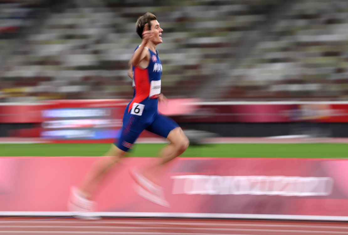 TOKYO, JAPAN - AUGUST 07: Jakob Ingebrigtsen of Team Norway reacts after winning the gold medal in the Men's 1500m Final on day fifteen of the Tokyo 2020 Olympic Games at Olympic Stadium on August 07, 2021 in Tokyo, Japan. (Photo by Matthias Hangst/Getty Images)