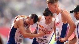 (From L) Norway's Henrik Ingebrigtsen, Norway's Jakob Ingebrigtsen and Norway's Filip Ingebrigtsen compete in the Men's 5000m final at the 2019 IAAF Athletics World Championships at the Khalifa International Stadium in Doha on September 30, 2019. (Photo by Jewel SAMAD / AFP)        (Photo credit should read JEWEL SAMAD/AFP via Getty Images)