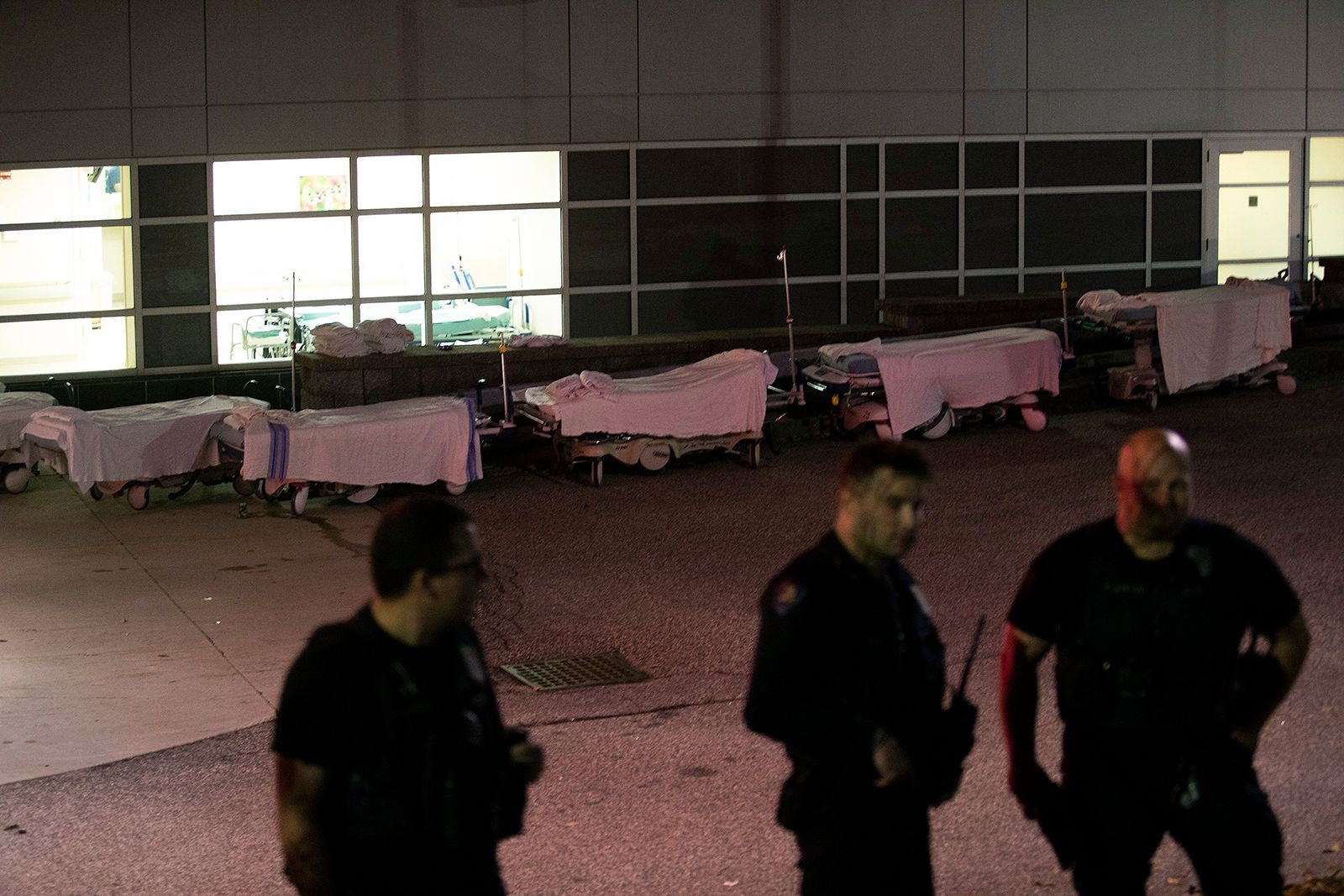 Stretchers are lined up outside the emergency room at the Central Maine Medical Center.