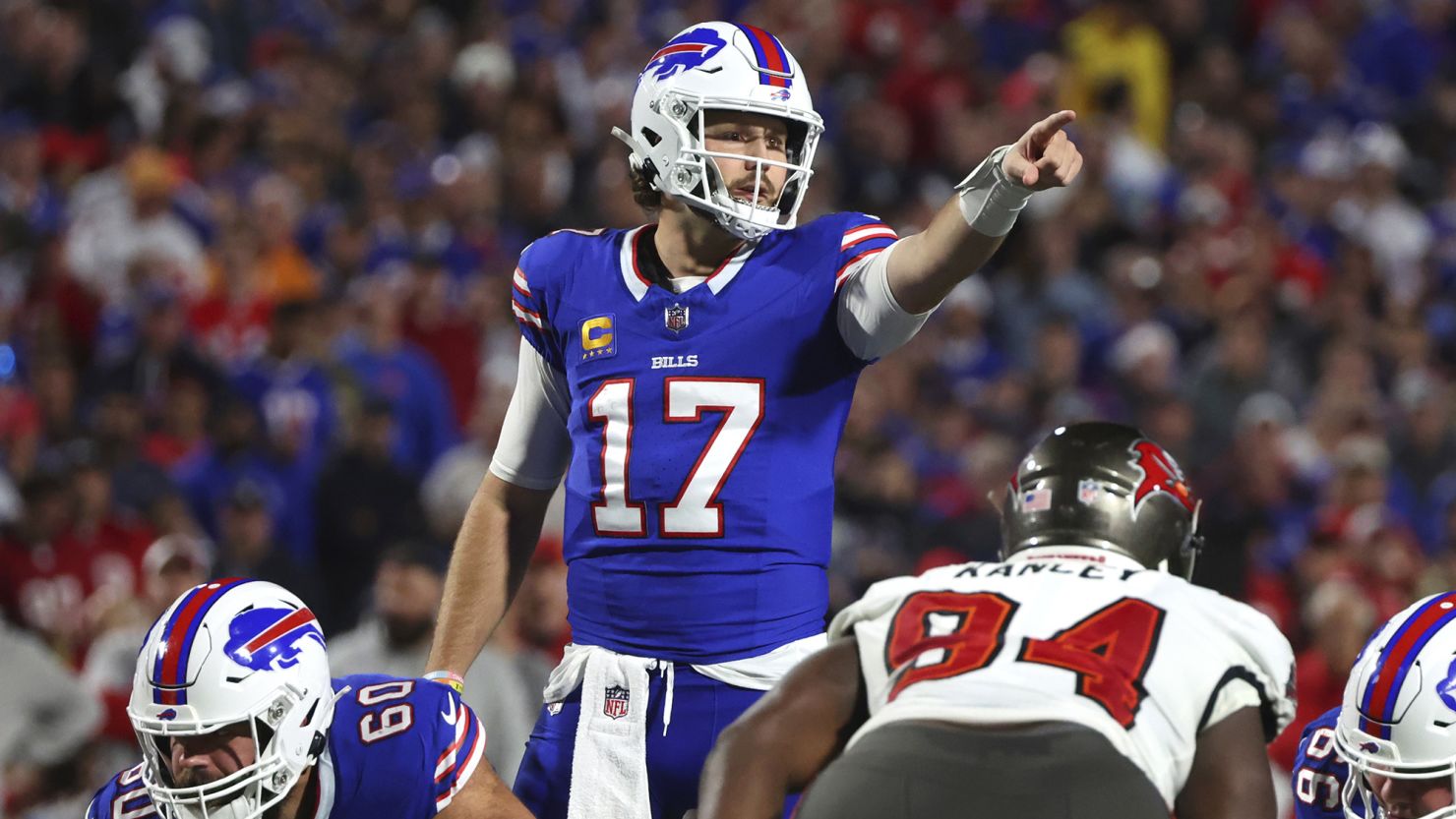 Buffalo Bills quarterback Josh Allen (17) gestures in the first half of an NFL football game against the Tampa Bay Buccaneers, Thursday, Oct. 26, 2023, in Orchard Park, N.Y. (AP Photo/Jeffrey T. Barnes)