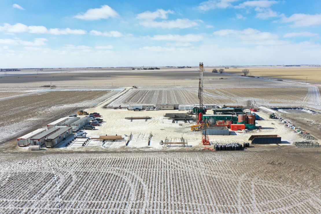 Aerial view of drilling operations by Natural Hydrogen Energy LLC. This project used an innovative, first in its kind, approach to search for natural hydrogen.