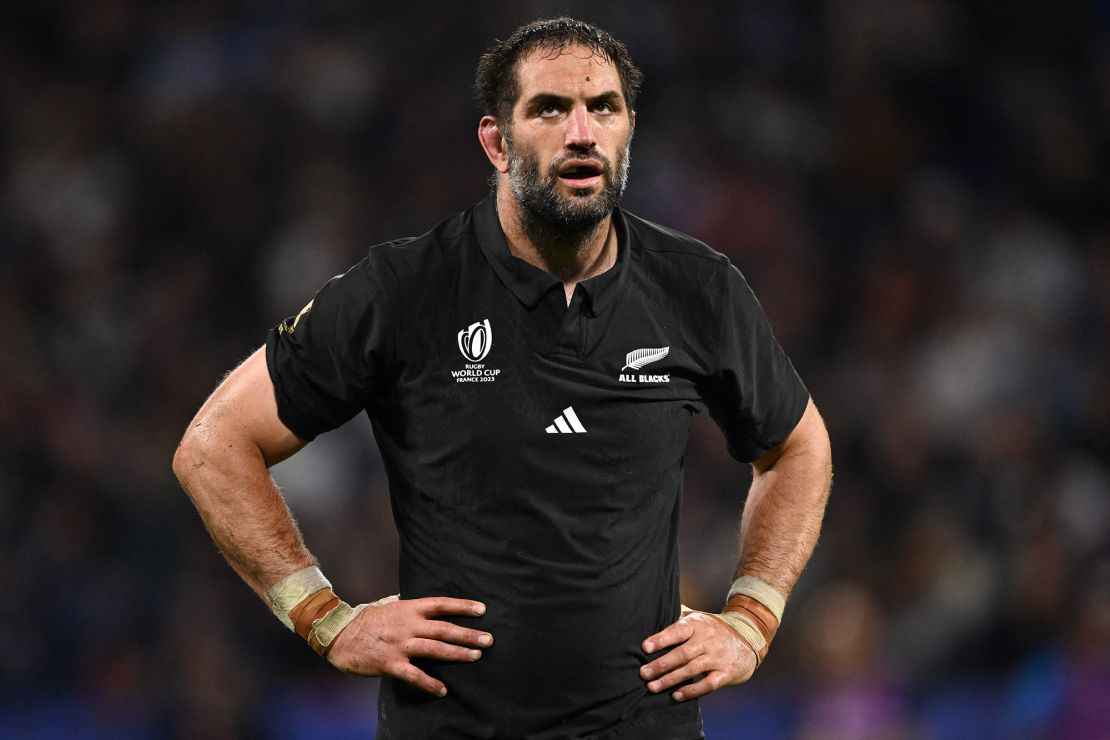New Zealand's lock Samuel Whitelock looks on as he is acclaimed by supporters, leaving the picth after substitution during the France 2023 Rugby World Cup Pool A match between New Zealand and Uruguay at the OL Stadium in Decines-Charpieu, near Lyon, south-eastern France, on October 5, 2023. (Photo by SEBASTIEN BOZON / AFP) (Photo by SEBASTIEN BOZON/AFP via Getty Images)