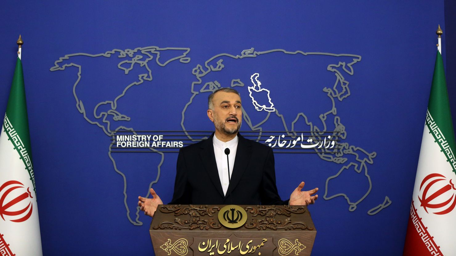 TEHRAN, IRAN - OCTOBER 23: Iranian Foreign Minister Hossein Amir-Abdollahian holds a press conference after meeting of South Caucasus platform in Tehran, Iran on October 23, 2023. (Photo by Fatemeh Bahrami/Anadolu via Getty Images)