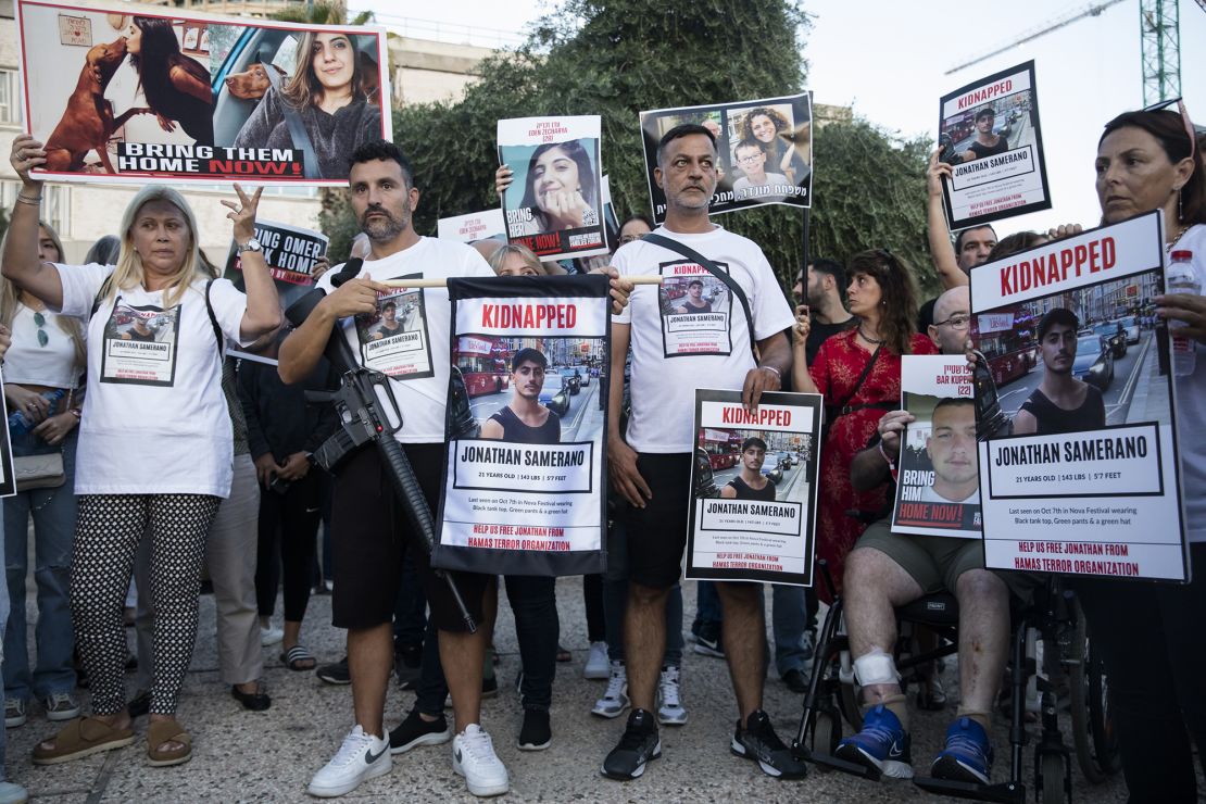 TEL AVIV, ISRAEL - OCTOBER 26: Relatives and family members of hostages that were kidnaped to the Gaza Strip hold a demonstration and call for the Israeli government to bring them back on October 26, 2023 in Tel Aviv, Israel. In the wake of the Oct. 7 attacks by Hamas that left 1,400 dead and 200 kidnapped, Israel launched a sustained bombardment of the Gaza Strip and threatened a ground invasion to vanquish the militant group that governs the Palestinian territory. But the fate of the hostages, Israelis and foreign nationals who are being held by Hamas in Gaza, as well as international pressure over the humanitarian situation in Gaza, have complicated Israel's military response to the attacks. A timeline for a proposed ground invasion remains unclear. (Photo by Amir Levy/Getty Images)