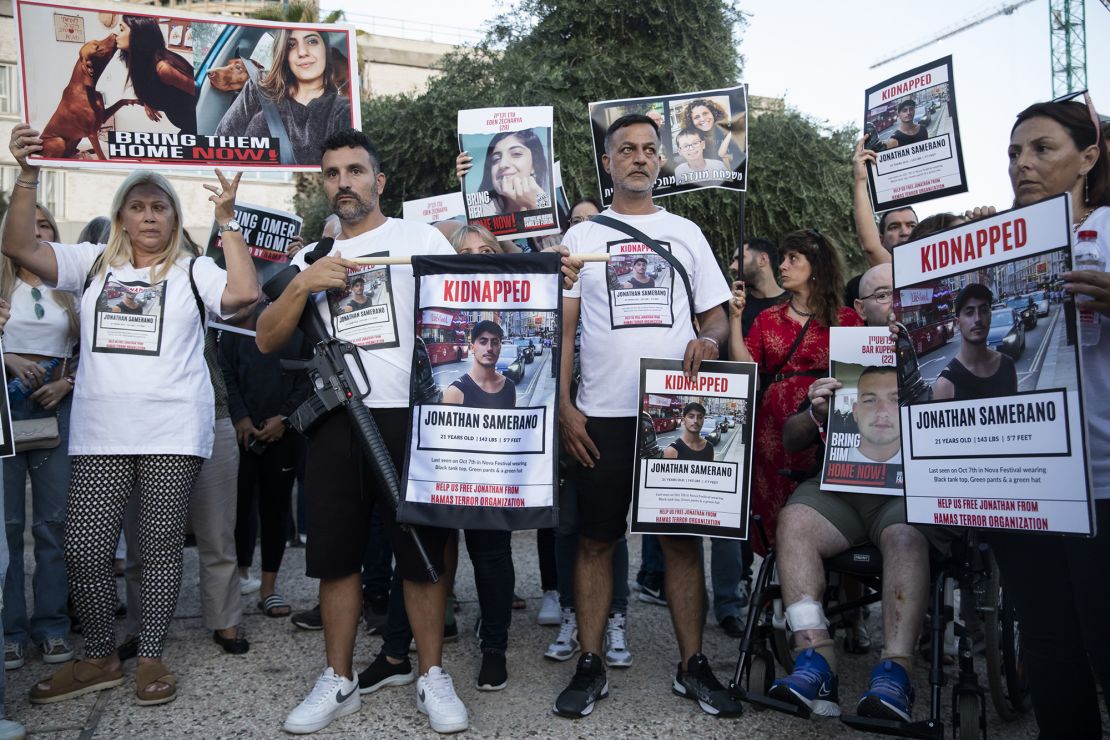 TEL AVIV, ISRAEL - OCTOBER 26:  Relatives and family members of hostages that were kidnaped to the Gaza Strip hold a demonstration and call for the Israeli government to bring them back on October 26, 2023 in Tel Aviv, Israel. In the wake of the Oct. 7 attacks by Hamas that left 1,400 dead and 200 kidnapped, Israel launched a sustained bombardment of the Gaza Strip and threatened a ground invasion to vanquish the militant group that governs the Palestinian territory. But the fate of the hostages, Israelis and foreign nationals who are being held by Hamas in Gaza, as well as international pressure over the humanitarian situation in Gaza, have complicated Israel's military response to the attacks. A timeline for a proposed ground invasion remains unclear.  (Photo by Amir Levy/Getty Images)