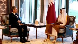 U.S. Secretary of State Antony Blinken and Qatari Emir Sheikh Tamim bin Hamad Al Thani attend a meeting in Lusail, Qatar, Friday Oct. 13, 2023. Jacquelyn Martin/Pool via REUTERS