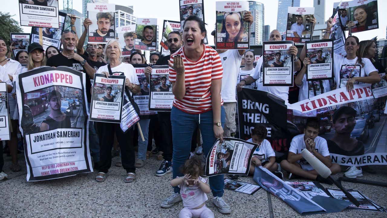 Relatives of hostages held in Gaza demonstrate in Tel Aviv, Israel on October 26, 2023.