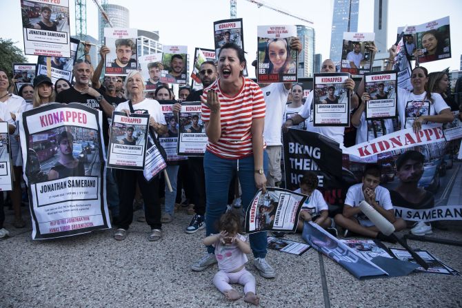 Relatives of hostages held in Gaza demonstrate in Tel Aviv, Israel, on October 26, 2023.