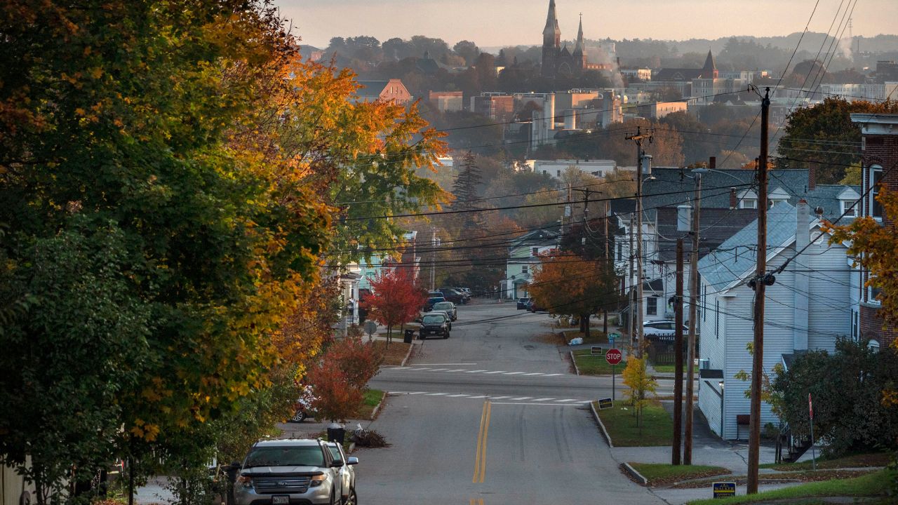 The streets remain quiet in this view looking towards Lewiston, Maine, from the neighboring city of Auburn, as a lockdown remains in effect following this week's deadly mass shootings, Friday, Oct. 26, 2023. Police are still searching for the suspect who killed several people in separate shootings at a bowling alley and restaurant on Wednesday. (AP Photo/Robert F. Bukaty)