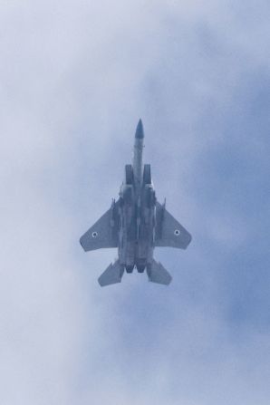 An Israeli air force F-15 tactical fighter jet flies along the border with Gaza near Sderot, Israel, on October 27.