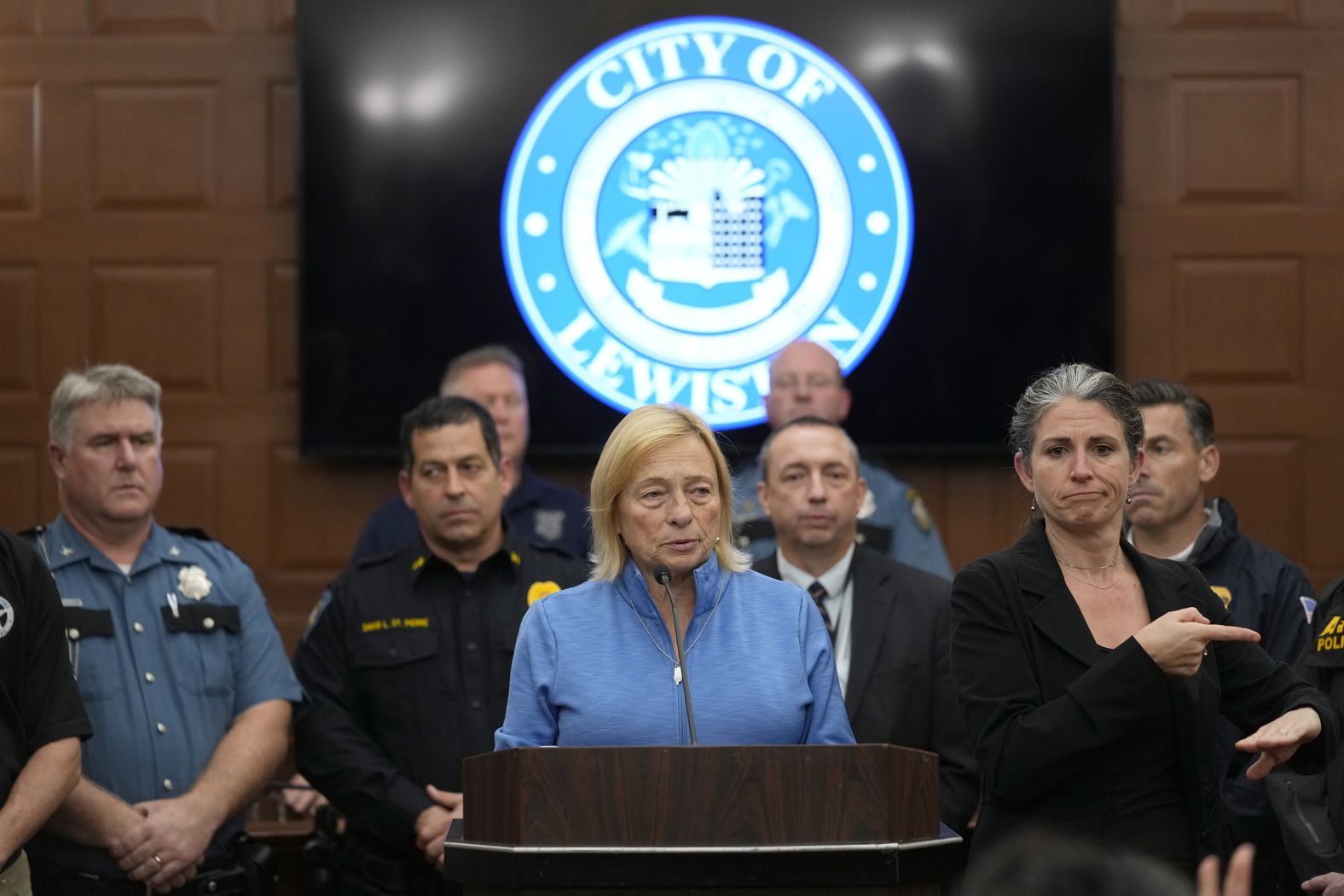 Gov. Janet Mills speaks during a news conference Friday in which authorities announce that Robert Card, the suspect in Wednesday's shootings in Lewiston, was found dead.