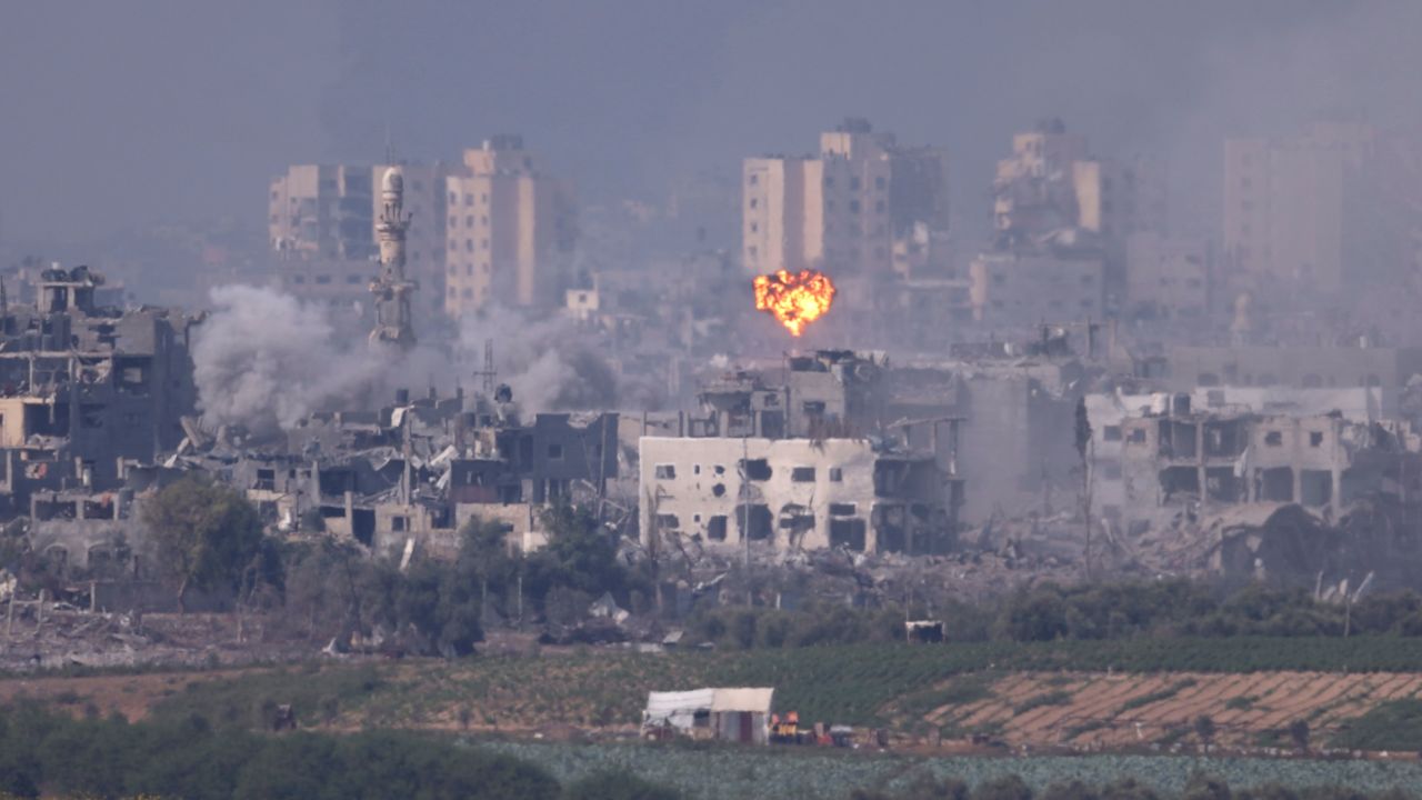 SDEROT, ISRAEL - OCTOBER 28:  Smoke rises from an explosion in Gaza on October 28, 2023 in Sderot, Israel. In the wake of the Oct. 7 attacks by Hamas that left 1,400 dead and 200 kidnapped, Israel launched a sustained bombardment of the Gaza Strip and threatened a ground invasion to vanquish the militant group that governs the Palestinian territory. But the fate of the hostages, Israelis and foreign nationals who are being held by Hamas in Gaza, as well as international pressure over the humanitarian situation in Gaza, have complicated Israel's military response to the attacks. A timeline for a proposed ground invasion remains unclear. (Photo by Dan Kitwood/Getty Images)