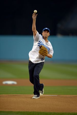 Perry throws out the ceremonial first pitch at a Los Angeles Dodgers game in 2012.