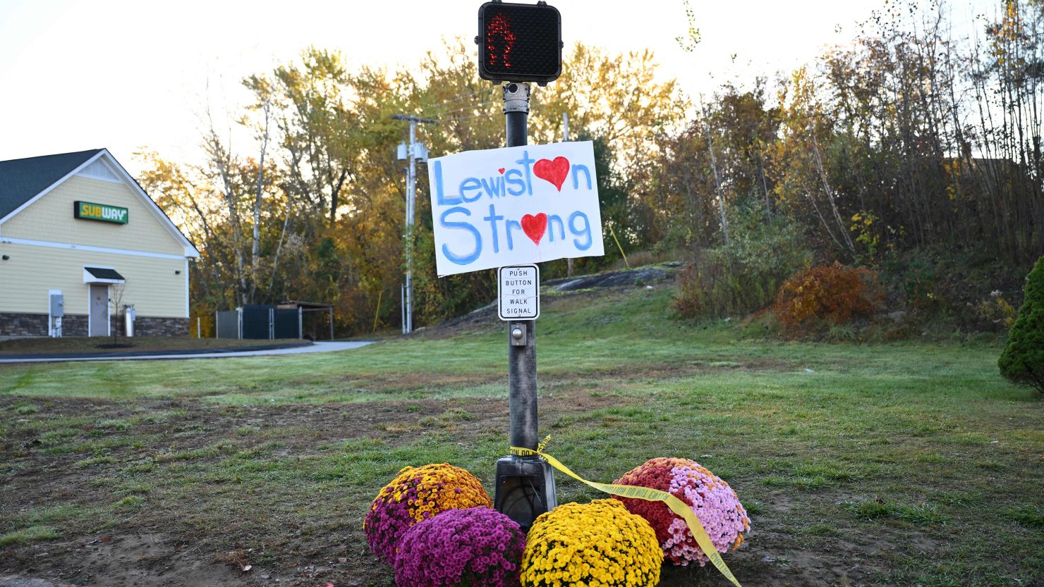 A sign reading "Lewiston Strong" is seen in Lewiston, Maine, on October 28, 2023 in the aftermath of a mass shooting. The suspect in a mass shooting that killed 18 people in the US state of Maine has been found dead, the state's governor said on October 27, ending a two-day manhunt that mobilized hundreds of law enforcement agents and set jittery residents of the northeastern state on edge. Robert Card, a 40-year-old Army reservist, died of a self-inflicted gunshot wound, and his body was discovered at 7:45 pm (2345 GMT), Maine public safety commissioner Mike Sauschuck said. (Photo by ANGELA WEISS / AFP) (Photo by ANGELA WEISS/AFP via Getty Images)