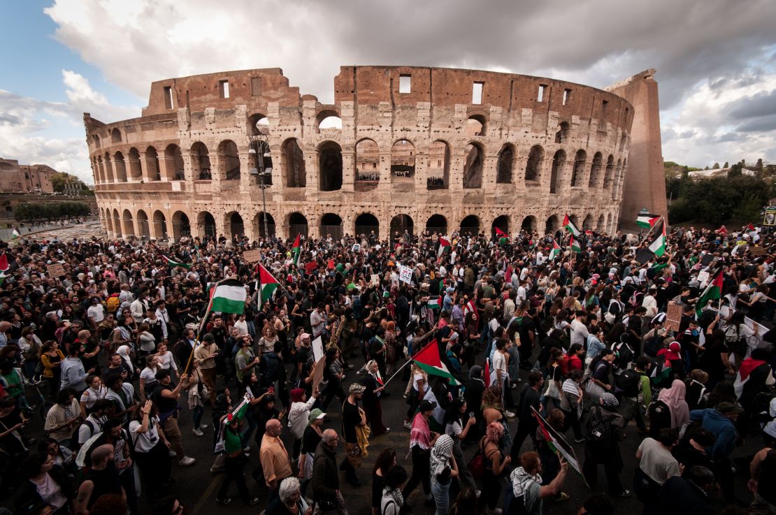 People take part in the national demonstration in Rome, Italy, on October 28, 2023 in support of the Palestinian population against the bombings in Gaza, as the conflict between Israel and the Hamas group continues, causing thousands of civilian casualties. (Photo by Andrea Ronchini/NurPhoto via Getty Images)