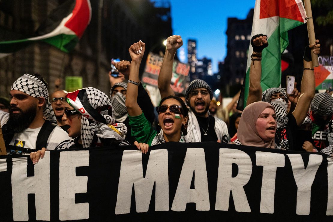 People take part in a protest in support of the Palestinian people in New York on October 28, 2023. Thousands of civilians, both Palestinians and Israelis, have died since October 7, 2023, after Palestinian Hamas militants based in the Gaza Strip entered southern Israel in an unprecedented attack triggering a war declared by Israel on Hamas with retaliatory bombings on Gaza. (Photo by Adam GRAY / AFP) (Photo by ADAM GRAY/AFP via Getty Images)
