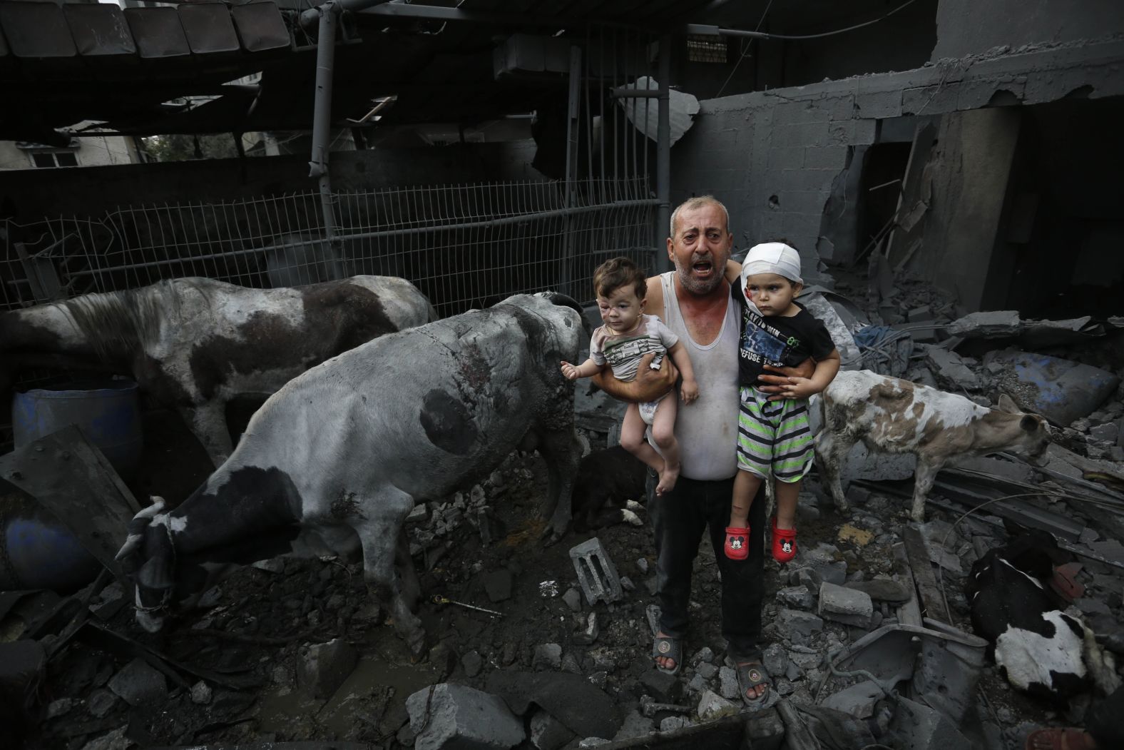 A man holds wounded children near livestock animals amid heavily damaged buildings, following Israeli attacks at Nuseirat Refugee Camp in Gaza City, on Sunday, October 29.