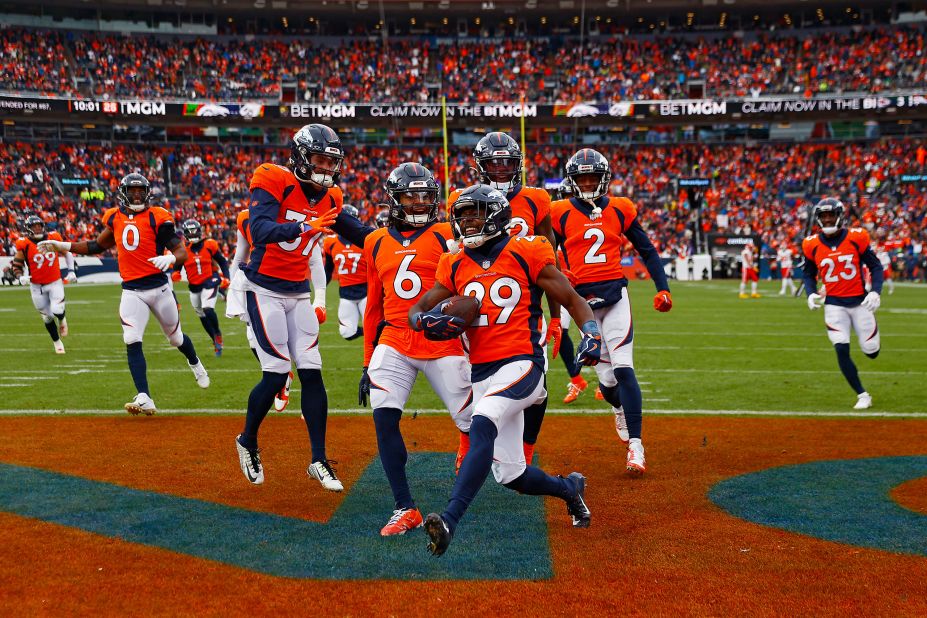 Denver Broncos cornerback Ja'Quan McMillian celebrates a second quarter interception in Denver on October 29. The Broncos beat the Kansas City Chiefs 24-9.