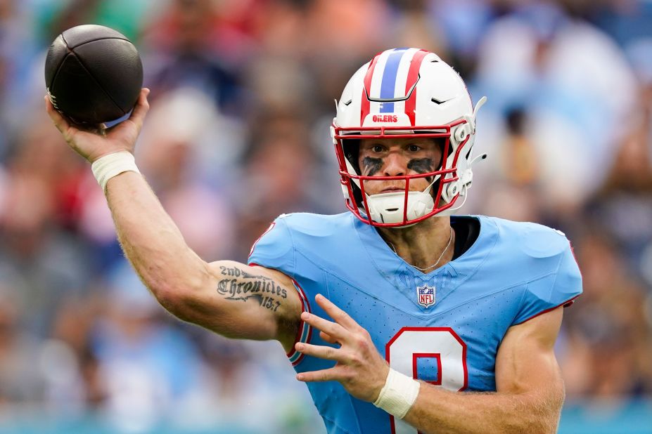 Tennessee Titans quarterback Will Levis throws a pass during the Titans' 28-23 victory over the Atlanta Falcons. Levis threw four touchdowns during the game, his NFL debut. 