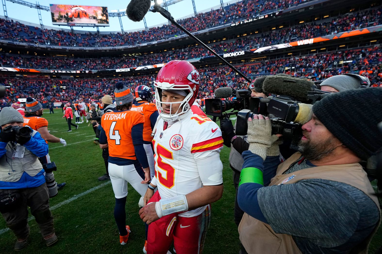 Kansas City Chiefs quarterback Patrick Mahomes walks off the field after the Chiefs' loss to the Denver Broncos on October 29. Mahomes, <a target="_blank">who was set to make history with a win</a>, threw two interceptions and no touchdowns.