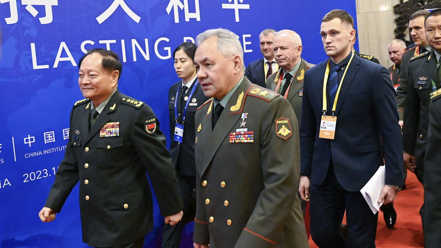 China's Vice Chairman of the Central Military Commission Zhang Youxia (L) and Russia's Defence Minister Sergei Shoigu arrive to the Xiangshan Forum in Beijing on October 30, 2023. Beijing says representatives of 90 countries are taking part in this week's Xiangshan Forum, a gathering of military and diplomatic officials billed as its answer to the annual Shangri-La Dialogue in Singapore. (Photo by Pedro PARDO / AFP) / "The erroneous mention[s] appearing in the metadata of this photo by Pedro PARDO has been modified in AFP systems in the following manner: [correcting name to Zhang Youxia] instead of [Zhang Youxian]. Please immediately remove the erroneous mention[s] from all your online services and delete it (them) from your servers. If you have been authorized by AFP to distribute it (them) to third parties, please ensure that the same actions are carried out by them. Failure to promptly comply with these instructions will entail liability on your part for any continued or post notification usage. Therefore we thank you very much for all your attention and prompt action. We are sorry for the inconvenience this notification may cause and remain at your disposal for any further information you may require." (Photo by PEDRO PARDO/AFP via Getty Images)