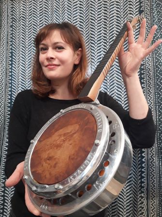 Rosenkrantz with an early prototype of her kombucha leather banjo. "I'm exploring different techniques right now, but it's getting better every time," she said.