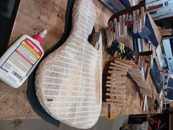 Mycelium can be grown in a mold to form any shape. To make a mycelium guitar body more rigid, Rosenkrantz adds dried fibers such as corn husk and fabric threads.