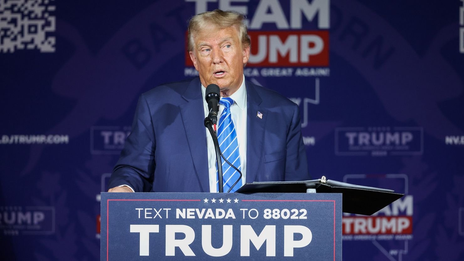 LAS VEGAS, NEVADA - OCTOBER 28: Republican presidential candidate former U.S. President Donald Trump speaks during the Team Trump Nevada Commit to Caucus Event at Stoney's Rockin' Country on October 28, 2023 in Las Vegas, Nevada. The event was one of several campaign stops Trump made across Las Vegas while preparing for reelection.  (Photo by Ian Maule/Getty Images)