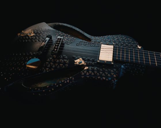 During Covid-19 pandemic lockdowns, Rosenkrantz experimented with different biomaterial designs. Here, the "Honfleur" guitar is embellished with eggshells. "I eat two eggs for breakfast every day, and I [collected] all the eggshells," she said. 