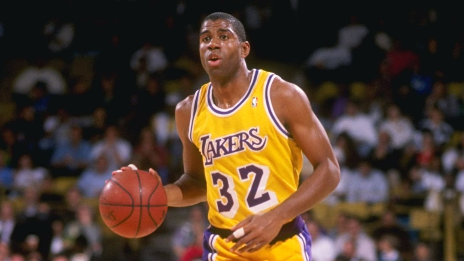 1989-1990:  Guard Magic Johnson of the Los Angeles Lakers in action during a game at the Great Western Forum in Inglewood, California. Mandatory Credit: Stephen Dunn  /Allsport