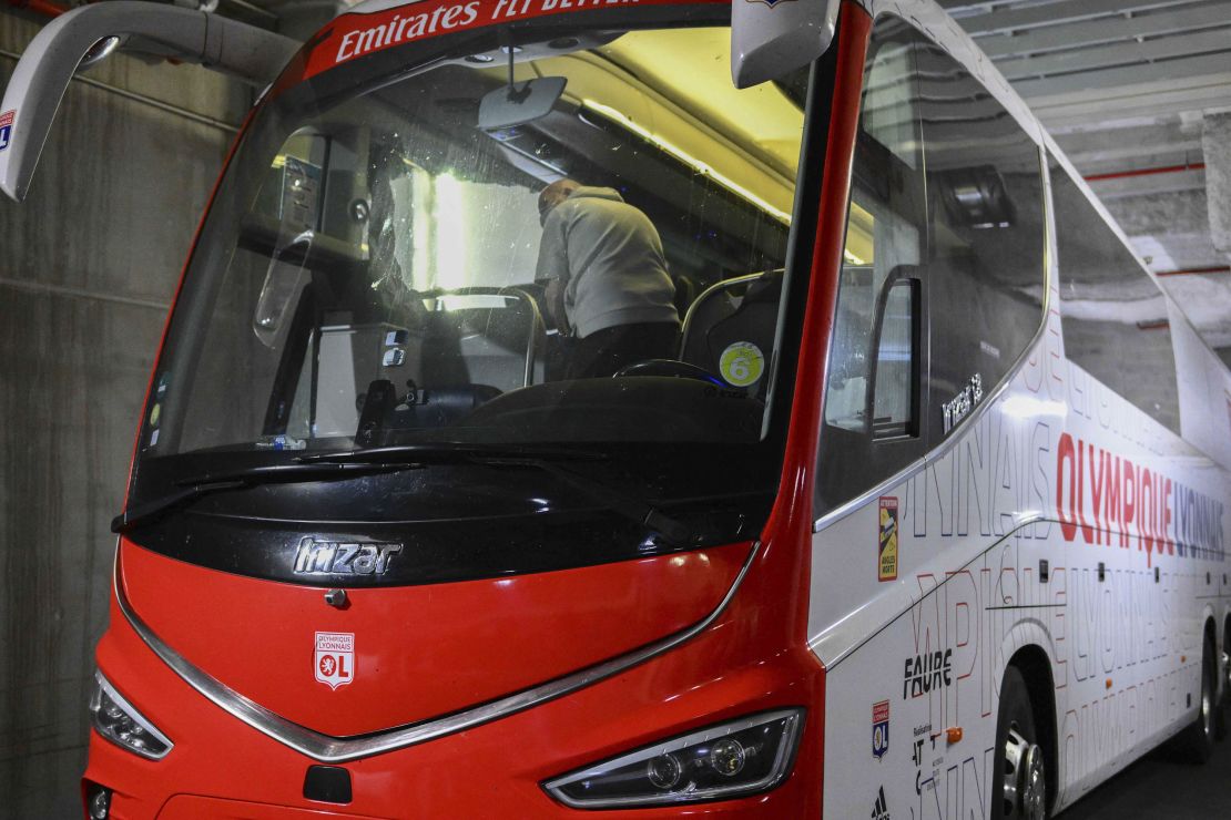 A photograph taken at Stade Velodrome in Marseille, southern France on October 29, 2023, shows Lyon's travelling team bus, with one window completely broken (unseen) and another damaged, after the bus was stoned as it entered the Stade Velodrome ahead of the French L1 football match between Olympique Marseille (OM) and Olympique Lyonnais (OL). The Ligue 1 encounter between Marseille and Lyon was postponed on October 29, 2023 after the travelling team's bus was attacked with stones, injuring coach Fabio Grosso. (Photo by CHRISTOPHE SIMON / AFP) (Photo by CHRISTOPHE SIMON/AFP via Getty Images)