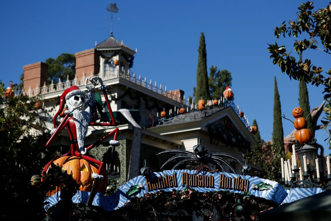Jack Skellington from "The Nightmare Before Christmas" dressed as Santa Claus is displayed in front of the Haunted Mansion Holiday at Walt Disney Co.'s Disneyland Park, part of the Disneyland Resort, in Anaheim, California, U.S., on Wednesday, Nov. 6, 2013. The Walt Disney Co. is scheduled to release earnings figures on Nov. 7. Photographer: Patrick Fallon/Bloomberg via Getty Images